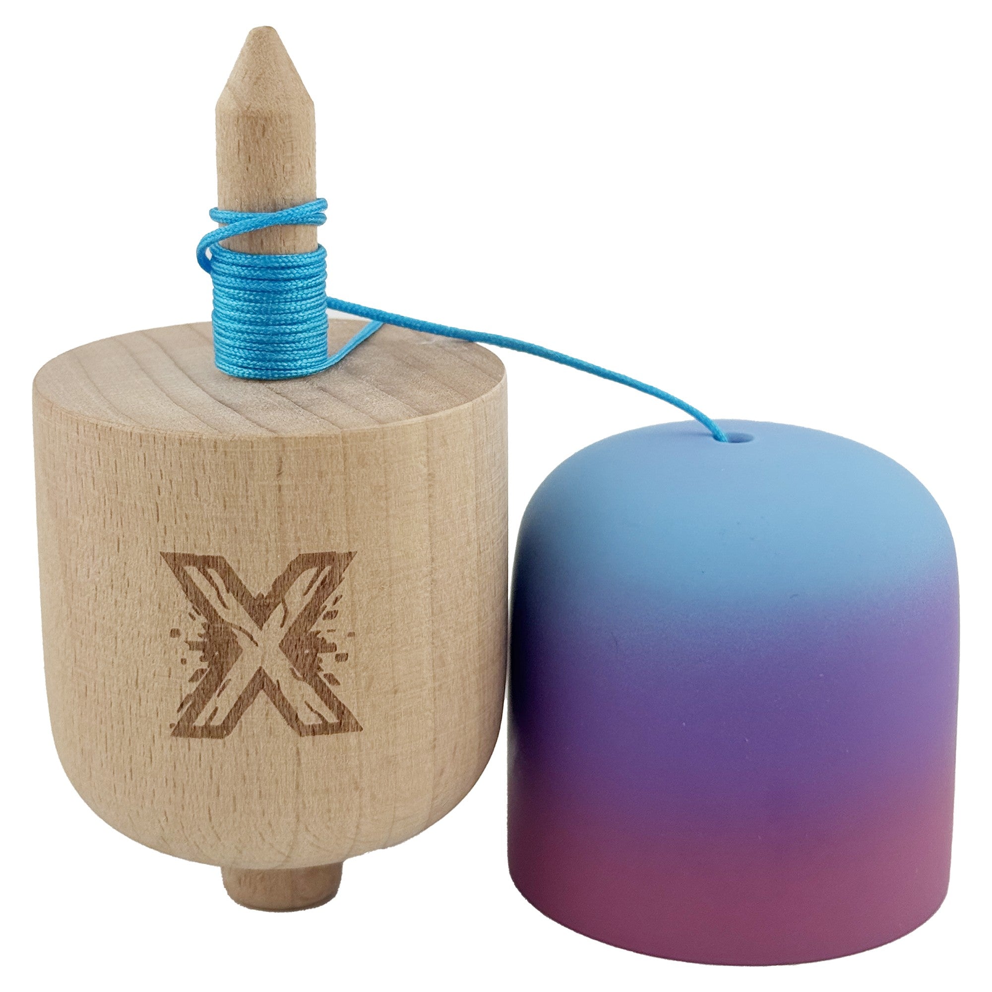 Kendama Pill X Originala, Profesionala Model Rubber Grip Pilula, din Lemn, Varsta 9+, Ata 62/65 cm, 11 x 5 x 5 cm, Gradient Albastru deschis/Rosu