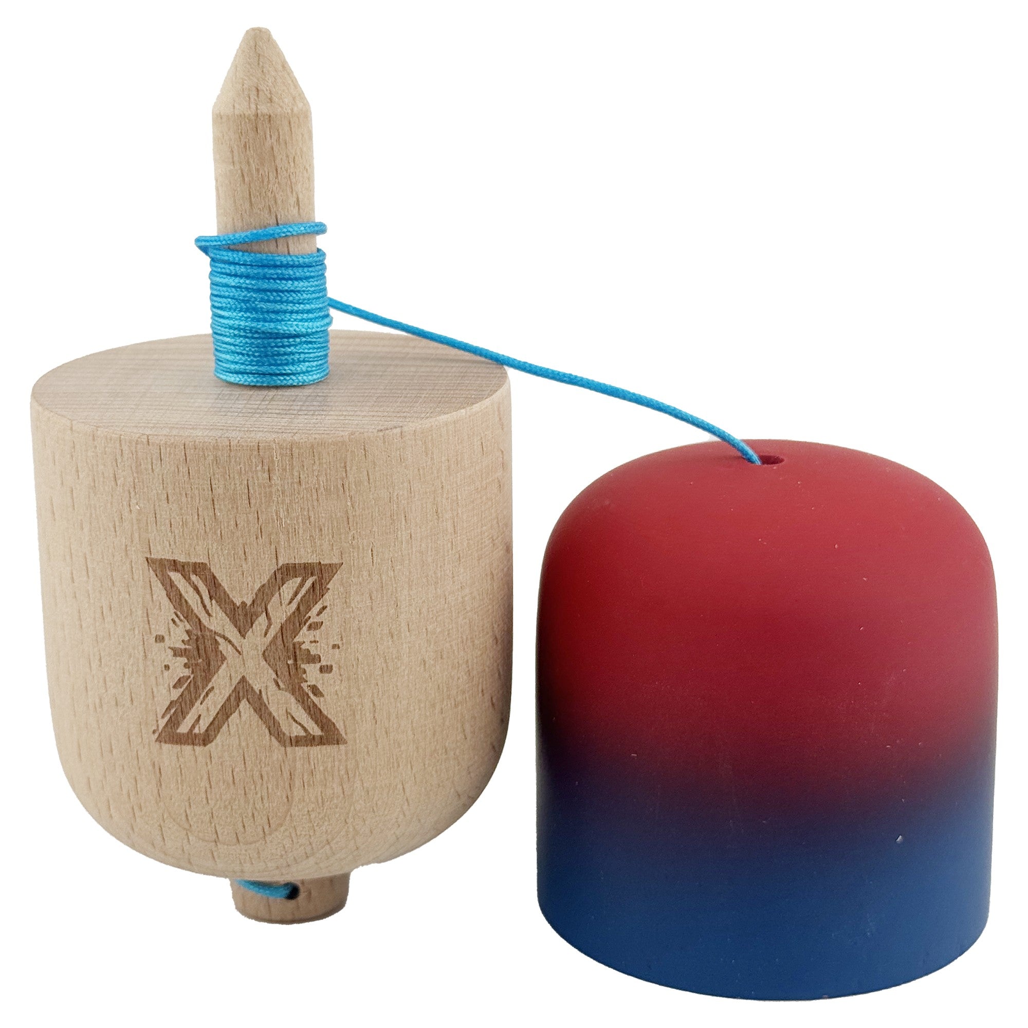 Kendama Pill X Originala, Profesionala Model Rubber Grip Pilula, din Lemn, Varsta 9+, Ata 62/65 cm, 11 x 5 x 5 cm, Gradient Rosu/Albastru