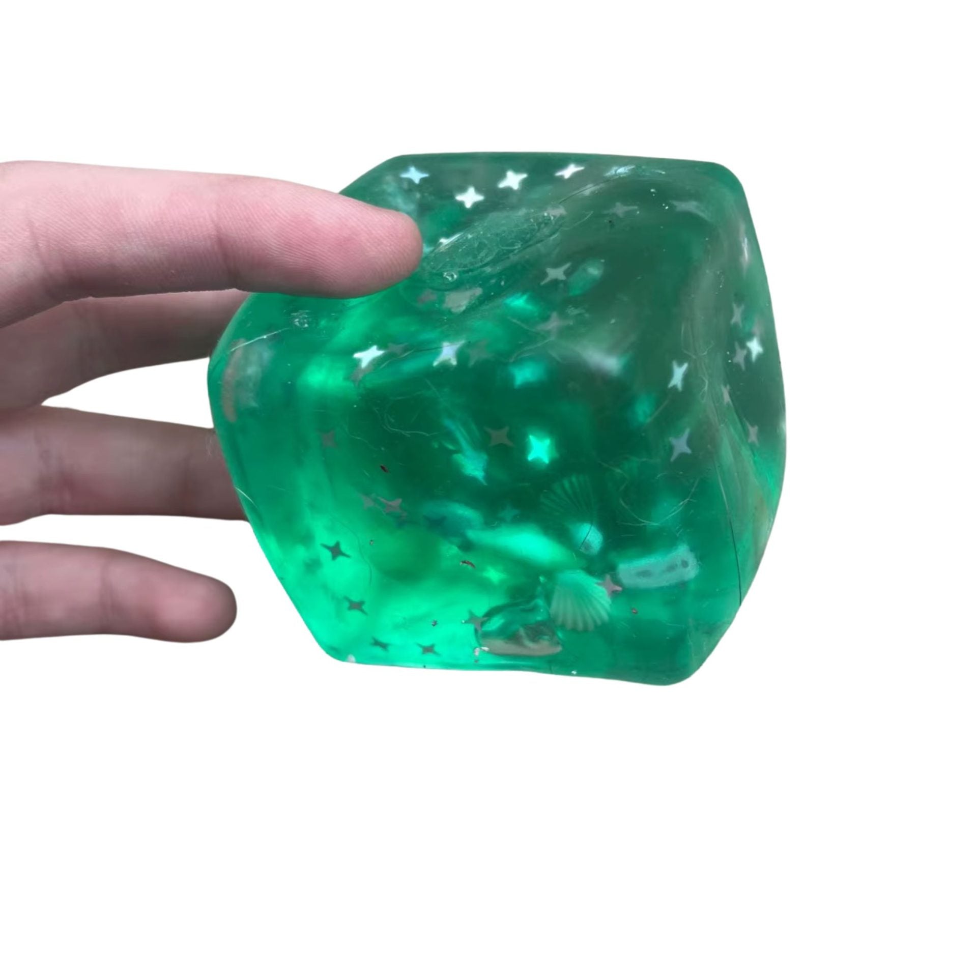 Jucarie Squishy tip Needoh in Forma de Cub, Model Cub de Gheata cu Stele Maritime, Antistres Senzoriala Comprimabila cu Revenire Lenta, 4.5x4.5x4.5 cm, 110 g, Verde