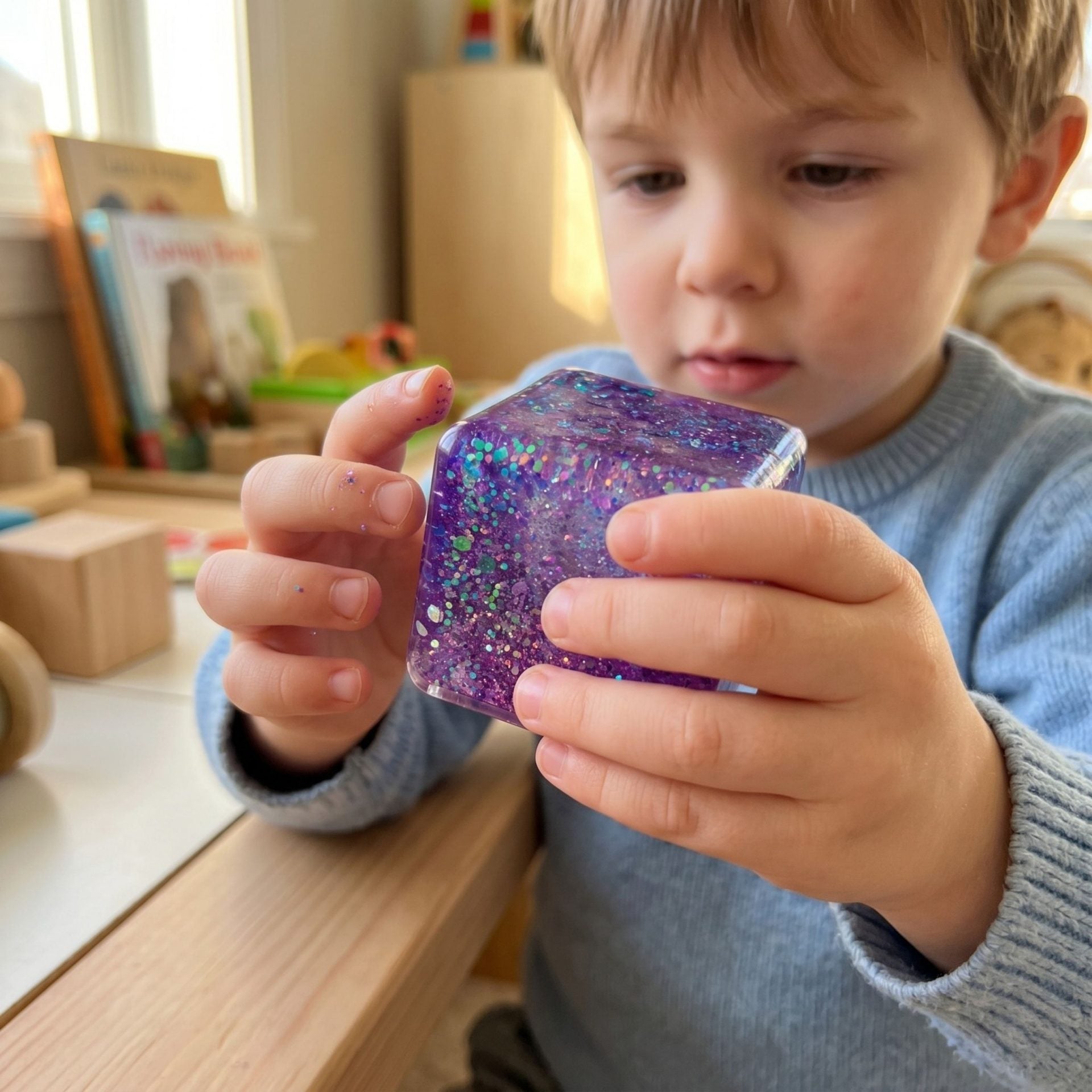 Jucarie Squishy tip Needoh in Forma de Cub, Model Ice Cube cu Sclipici Magic, Antistres Senzoriala Comprimabila cu Revenire Lenta, 4.5x4.5 cm, 110 g, Mov
