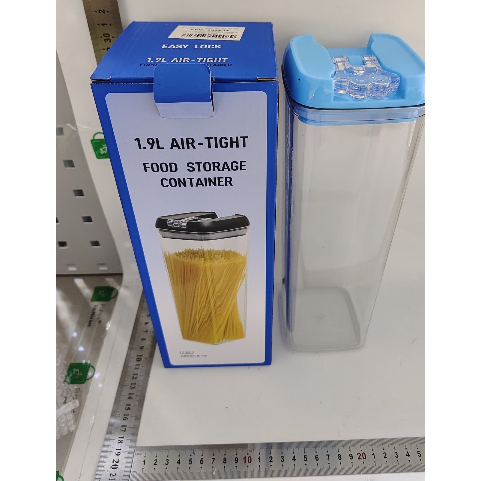 Cutie de Depozitare Alimente, 1.9L, Capac Albastru, din PP+PET, Inchidere Ermetica, 10 x 10 x 30.5 cm, Transparent