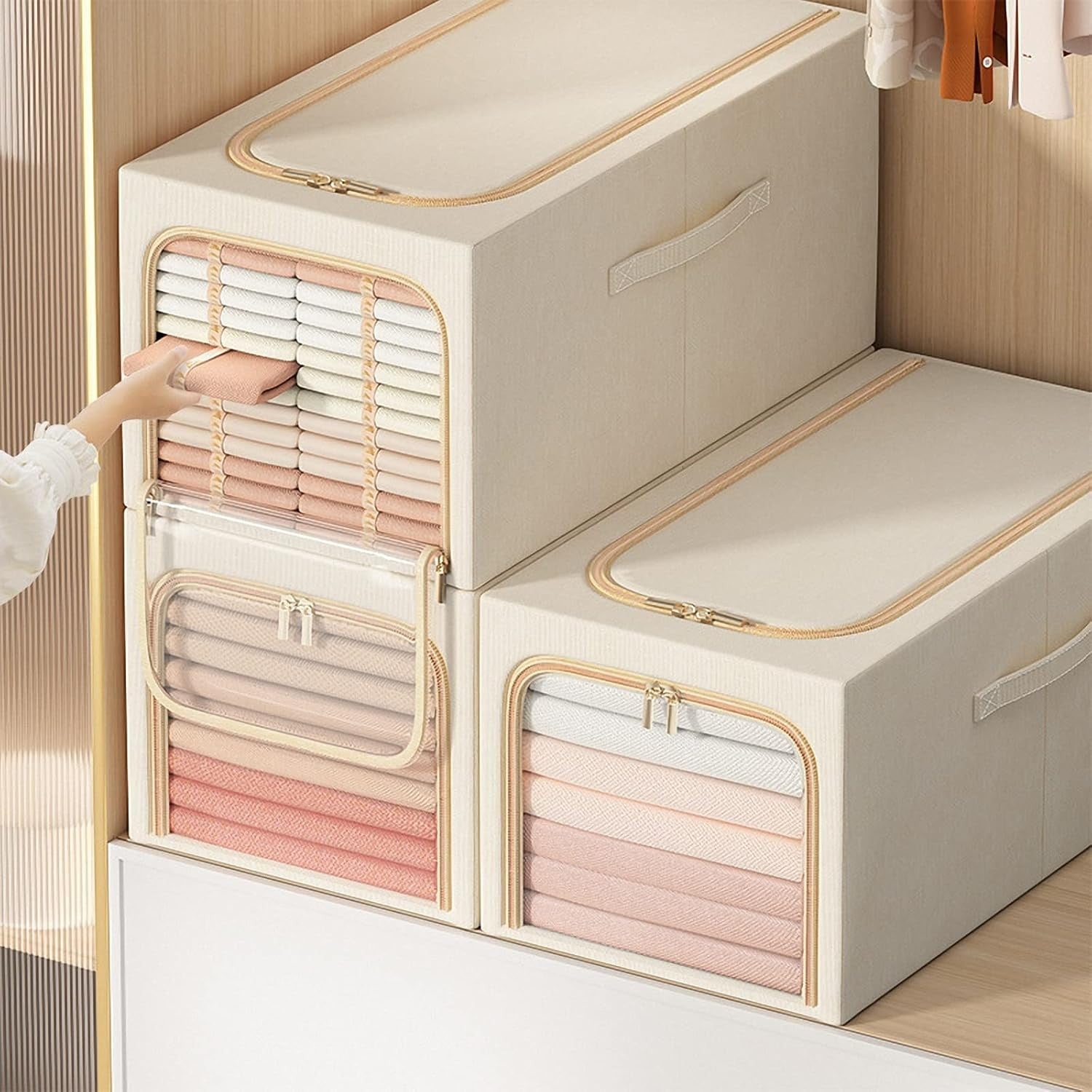 Cutie de Depozitare, 31L, din In si Bumbac, Pliabila, Cadru din Otel, 45 x 30 x 23 cm, Kaki