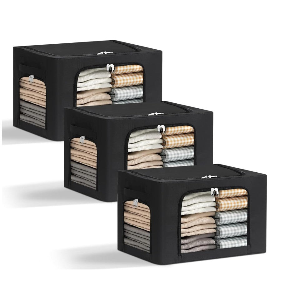 Cutie de Depozitare, cu 3 Ferestre cu Fermoar Bidirectional, Cadru din Otel, Impermeabil, 38L, 42 x 30 x 30 cm, Negru