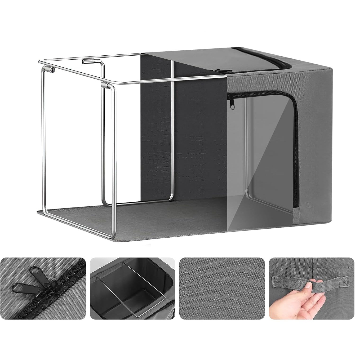 Cutie de Depozitare, cu 3 Ferestre cu Fermoar Bidirectional, Cadru din Otel, Impermeabil, 38L, 42 x 30 x 30 cm, Gri Inchis