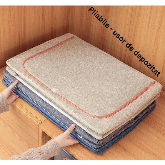 Cutie de Depozitare Pliabila, 66 L, din Bumbac si In, 33x40x50 cm, 2 Ferestre, Frontala si Laterala, 2 Usi de Acces cu Fermoar Bidirectional, Cadru Metalic, Suport Baza Stabil din Plastic, Roz Pudrat