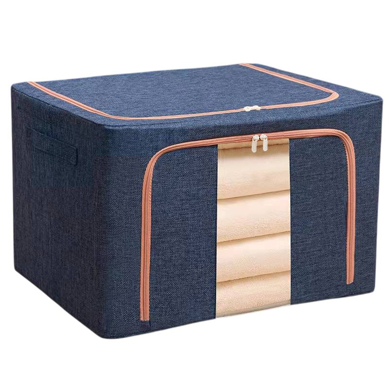 Cutie de Depozitare Pliabila, 24 L, din Bumbac si In, 40x30x20 cm, Fereastra Frontala, 2 Usi de Acces cu Fermoar Bidirectional, Cadru Metalic, Suport Baza Stabil din Plastic, Albastru Marin