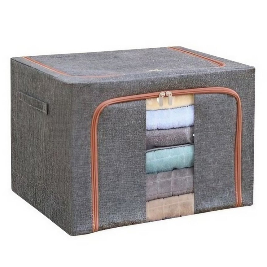 Cutie de Depozitare Pliabila, 24 L, din Bumbac si In, 40x30x20 cm, Fereastra Frontala, 2 Usi de Acces cu Fermoar Bidirectional, Cadru Metalic, Suport Baza Stabil din Plastic, Gri