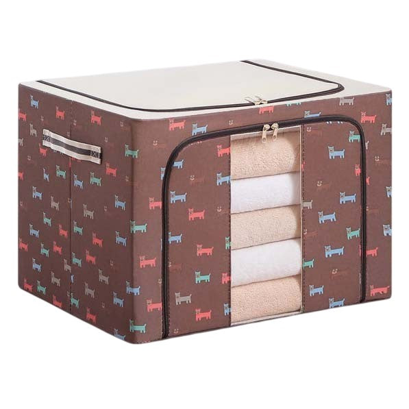 Cutie de Depozitare Pliabila, 66 L, din Tesatura Oxford, 50x40x33 cm, Fereastra Frontala, 2 Usi de Acces cu Fermoar Bidirectional, Cadru Metalic, Suport Baza Stabil din Plastic, Imprimeu Catelusi, Maro
