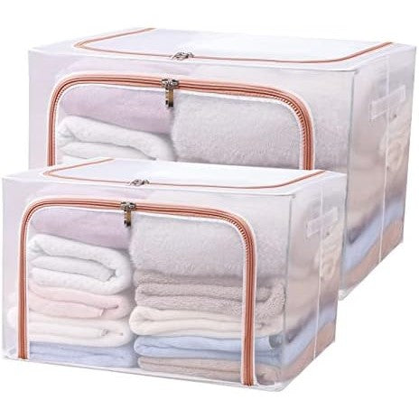 Cutie de Depozitare Pliabila, Cu Fereastra si Fermoar Dublu Rosu, 66 L, Textil, 50x40x33 cm, Cadru Metalic, Impermeabila, Transparent