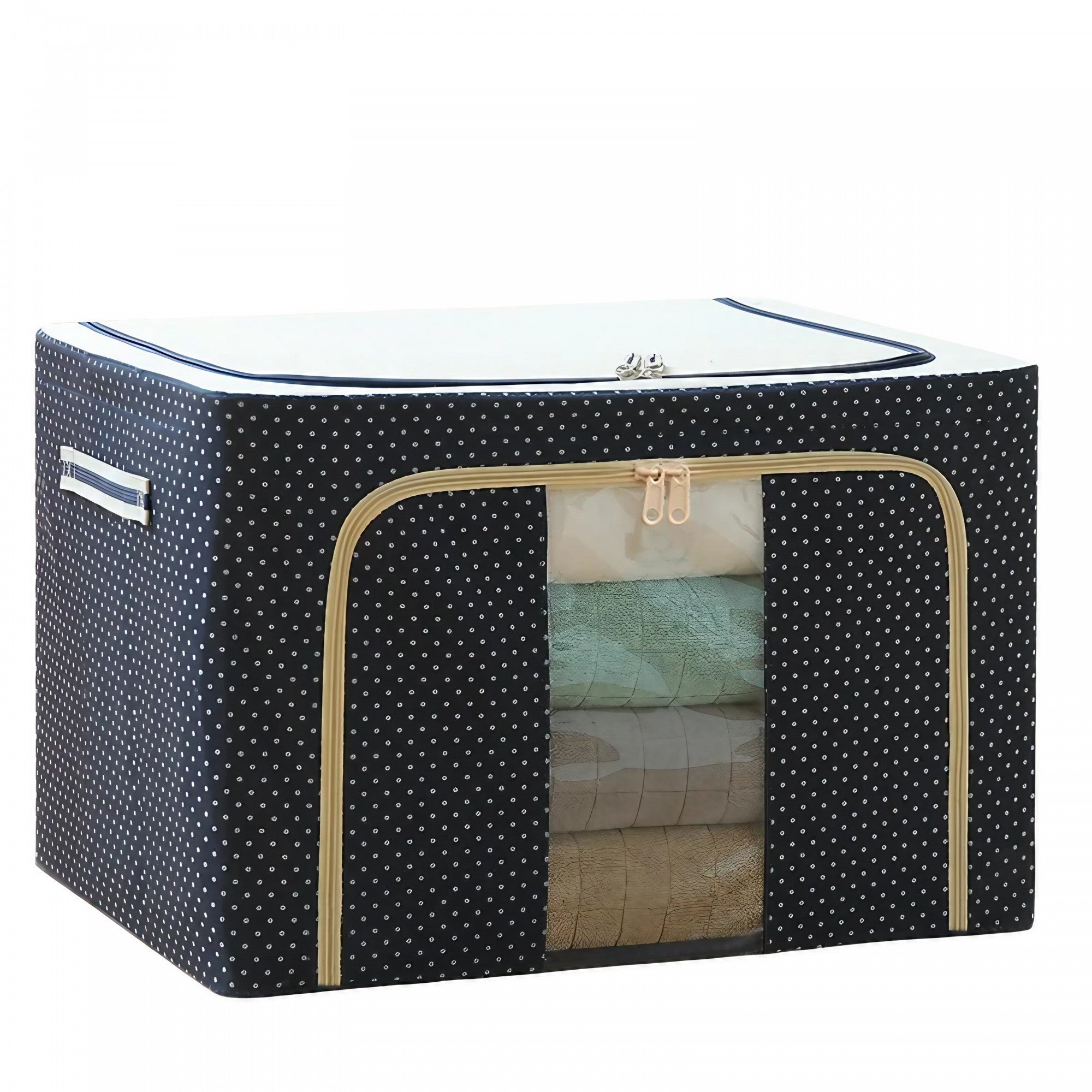Cutie de Depozitare Pliabila, Cu Fermoar, 100 L, Textil, 60x42x40 cm, Albastru Marin, Cadru Metalic, Suport Baza Stabil din Plastic, Imprimeu buline