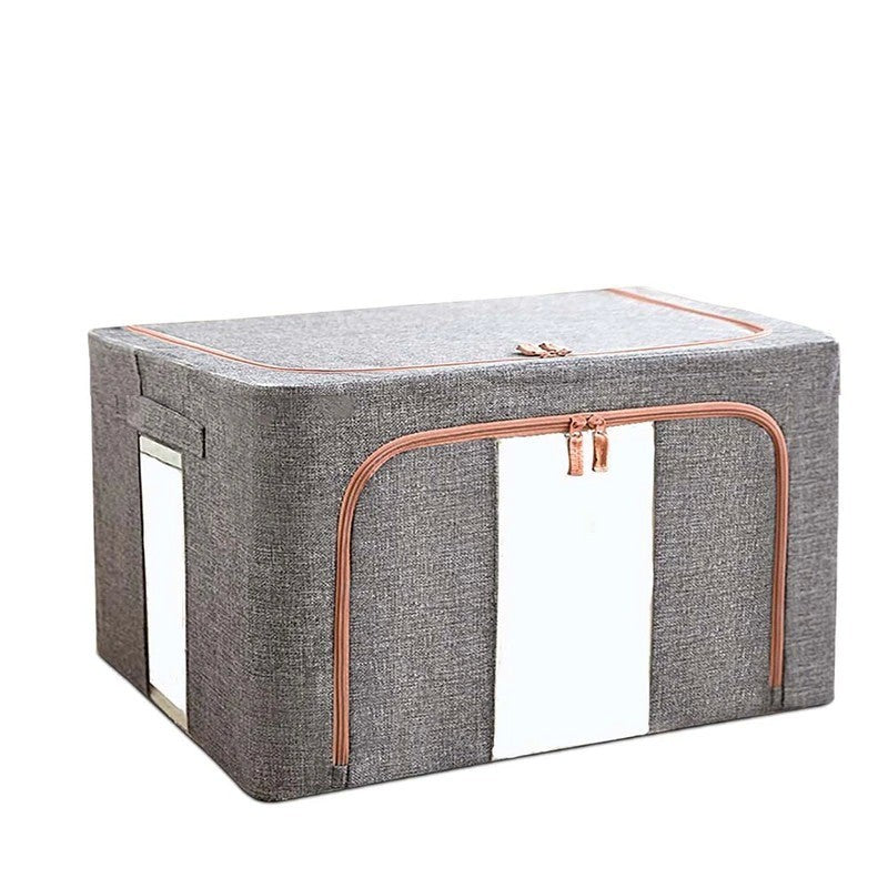 Cutie de Depozitare Pliabila, 24 L, din Bumbac si In, 40x30x20 cm, 2 Ferestre, Frontala si Laterala, 2 Usi de Acces cu Fermoar Bidirectional, Cadru Metalic, Suport Baza Stabil din Plastic, Gri