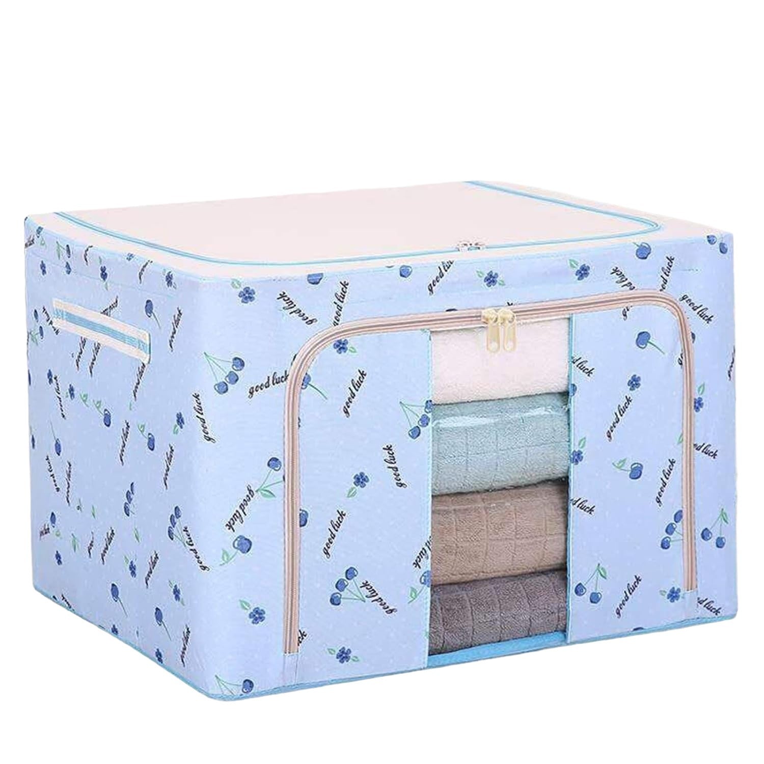 Cutie de Depozitare Pliabila, Cu Fermoar, 66 L, Textil, 50x40x33 cm, cu 2 Ferestre, Cadru Metalic, Suport Baza Stabil din Plastic, Imprimeu Cirese, Albastru