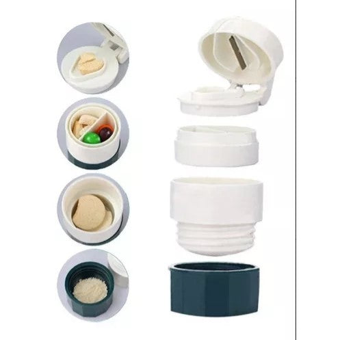 Cutie Pastile Multifunctionala, 4 in 1, Pahar Apa, Taiere, Sfaramare, Depozitare, Compact, ABS cu Lama din Inox, Alb/Verde, 8.7x6.2x4.1 cm