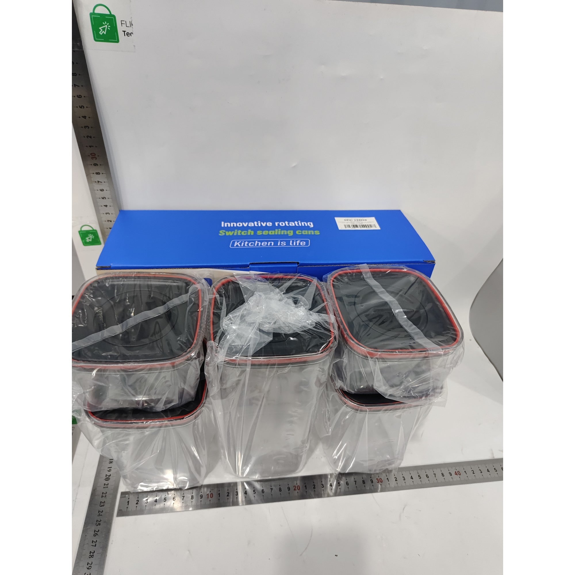 Cutii de Depozitare Alimente, Set din 5 Cuti de tip Container, Recipiente pentru Cereale in Bucatarie, Transparente cu Capac Negru