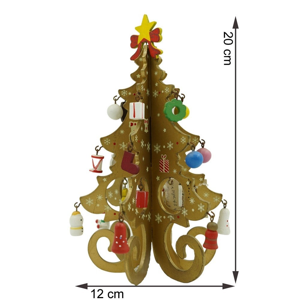 Decoratiune Craciun, Brad, Auriu, 6 cavitati cu ornamente, 12 cm x 20 cm, Lemn
