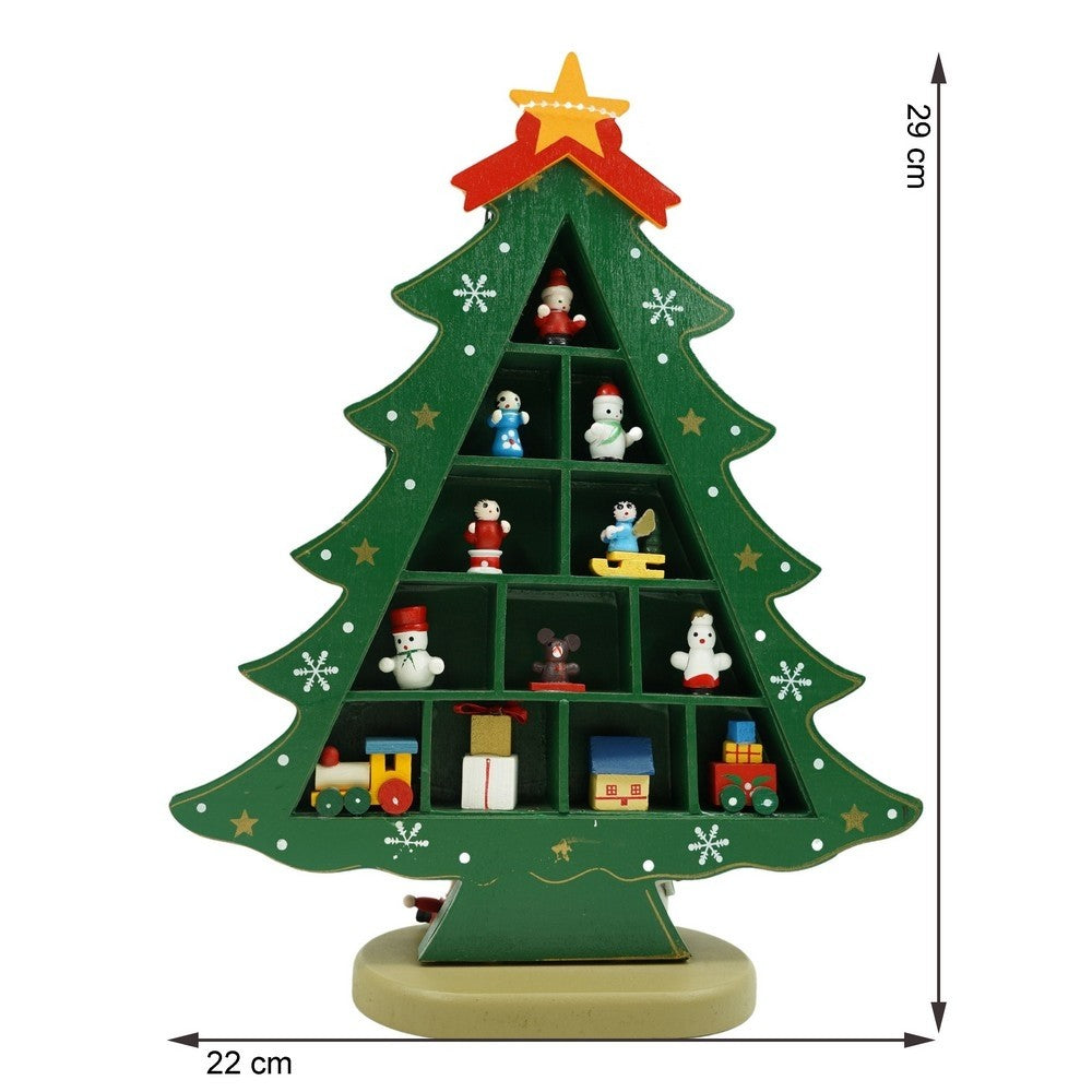 Decoratiune Craciun, Brad, Verde, 5 cavitati cu ornamente, 22 cm x 29 cm, Lemn