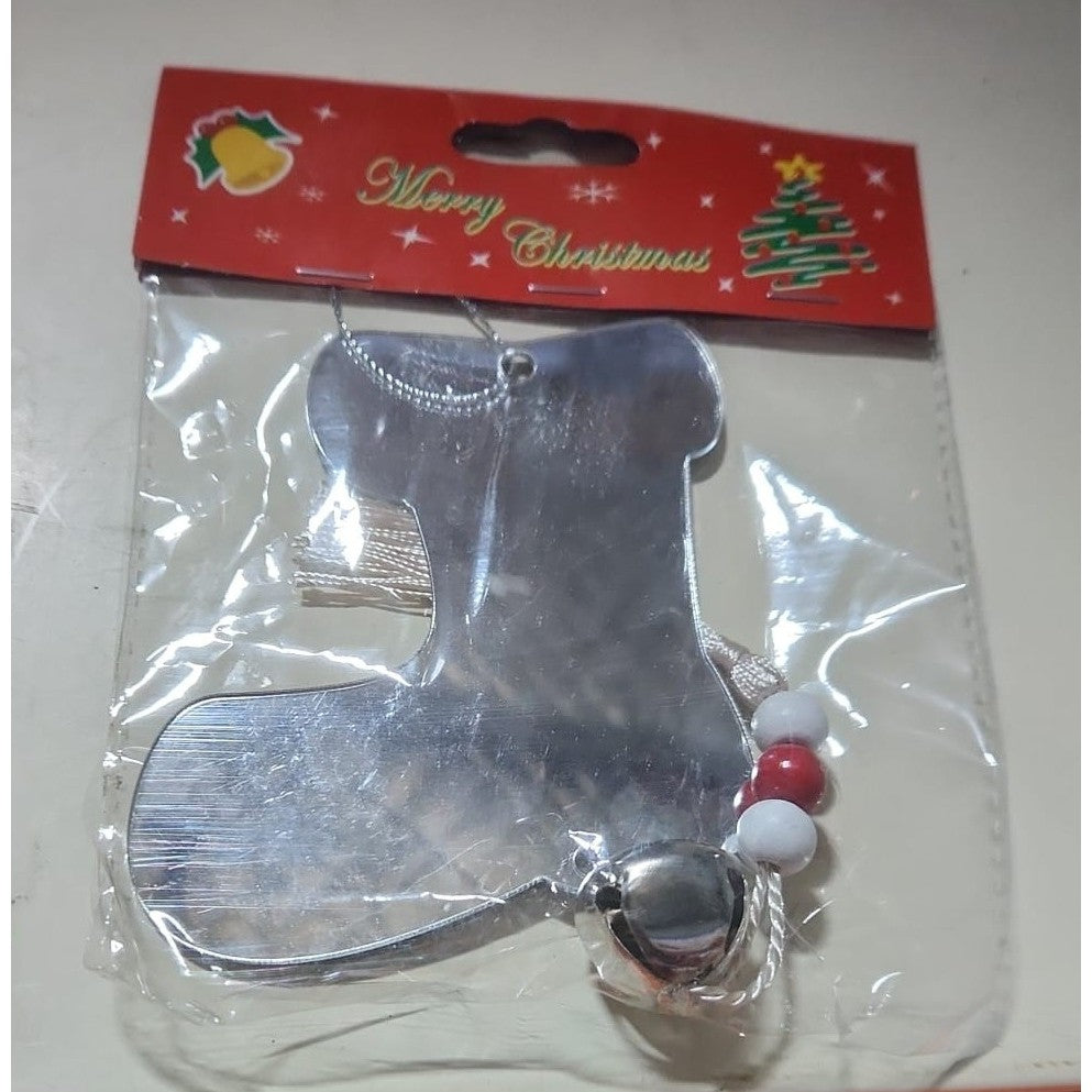 Decoratiune de Craciun, pentru Brad, Model Cizma de Mos cu Clopotel, Lucios, Argintiu