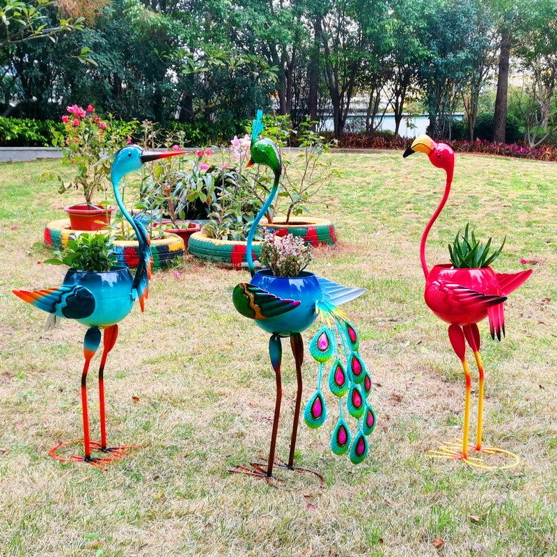 Decoratiune pentru Gradina, Flamingo pentru Gradina cu Suport pentru Plante Flori, Ornament de Ghiveci de Flori, Model Flamingo, din Fier, 73 x 34 x 22 cm, Roz
