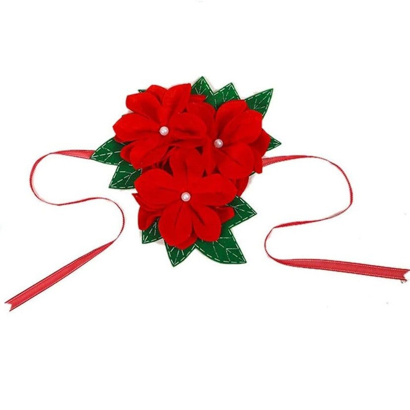 Decoratiune pentru perdea/draperie cu tematica de Craciun model floare Craciunita, material texit si poliester, 31 cm, cu snur, rosu