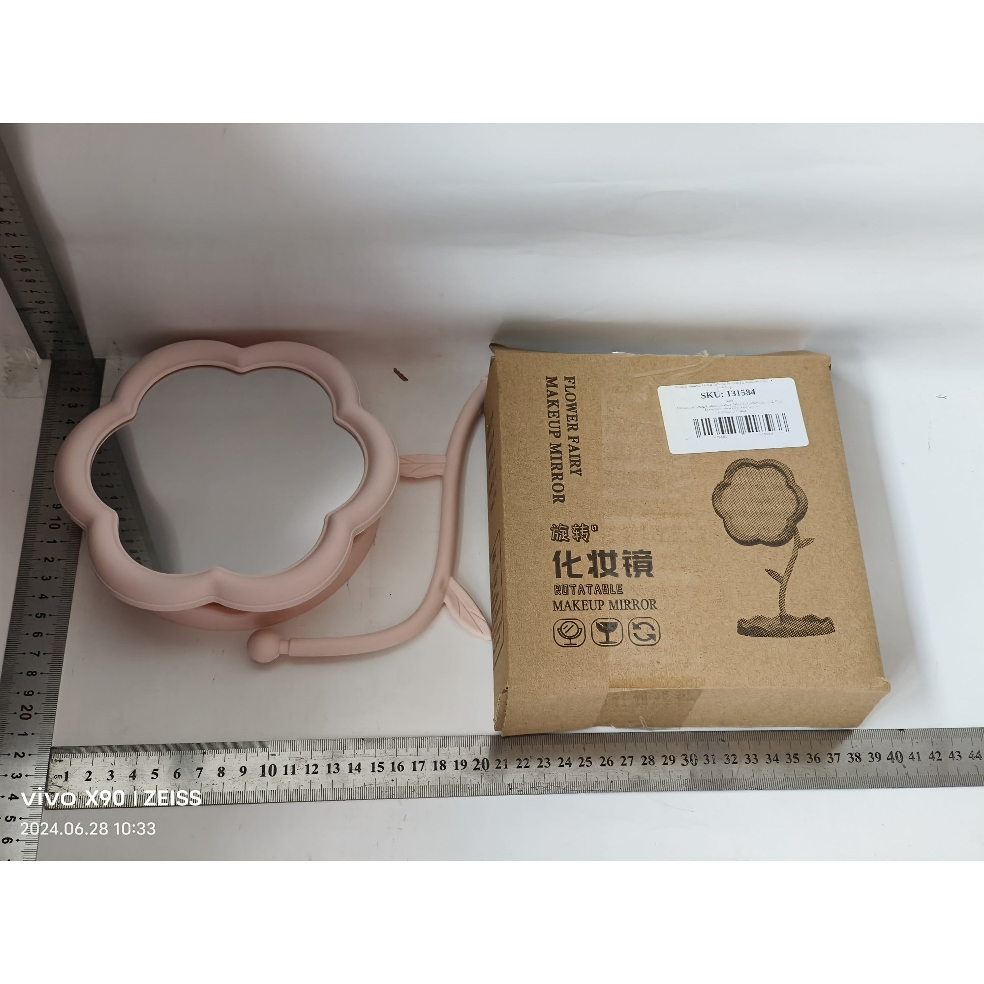 Oglindă de Machiaj pentru Birou, Rotativă, Detasabilă, Model de Floarea Soarelui, Suport pentru Inele, cu Depozitare, Roz