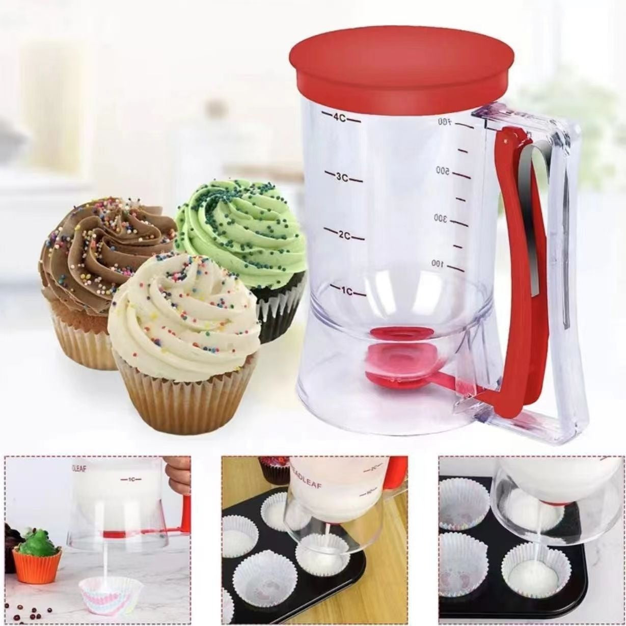 Dispenser de Aluat pentru Prajituri, din Plastic, Maner cu Arc, 900 ml, 18.5 x 11 cm, Rosu