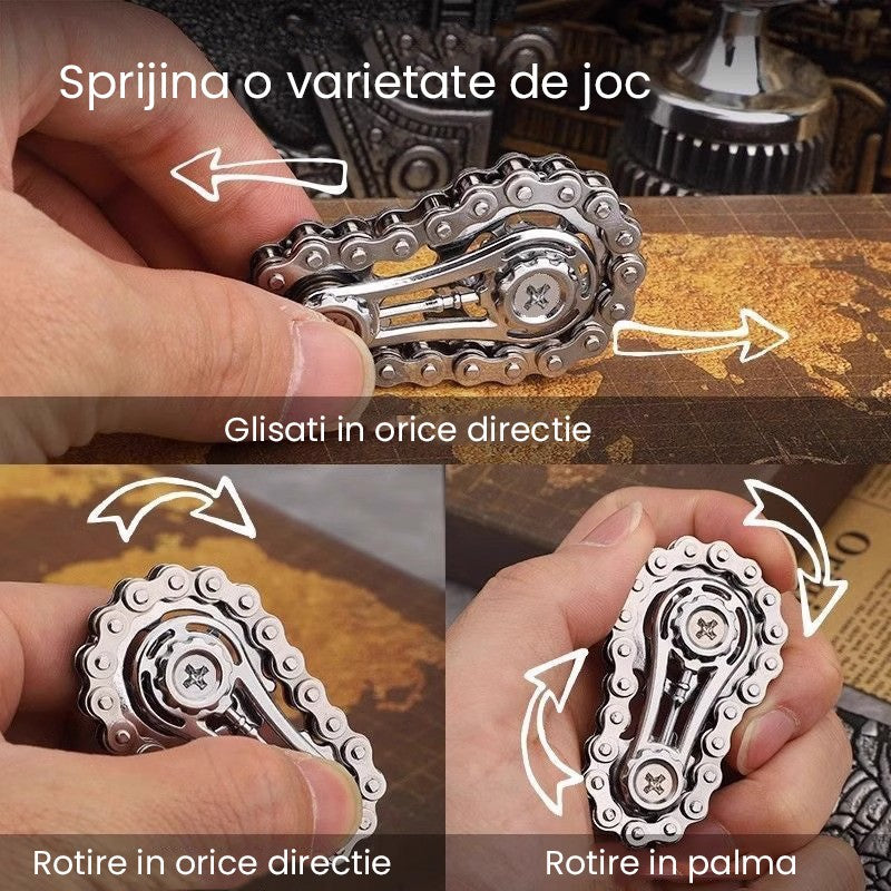 Jucarie Fidget Spinner Premium Anti Stres, Giroscop din Aliaj, Jucarie din Metal de decompresie, forma Lant de Angrenaj de Bicicleta, 6 x 3.5 cm, Negru