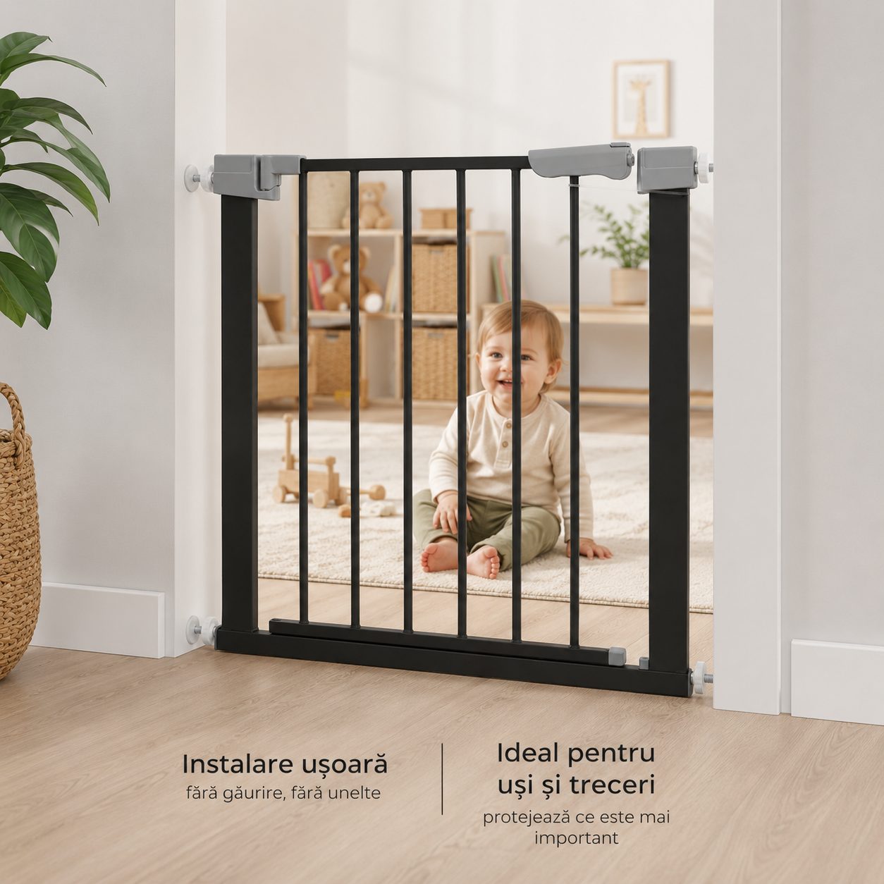 Gard de Siguranta cu Poarta pentru Copii, Latime 72 cm, Inaltime 76 cm, Teava din Fier Vopsit, Elemente PP, Negru