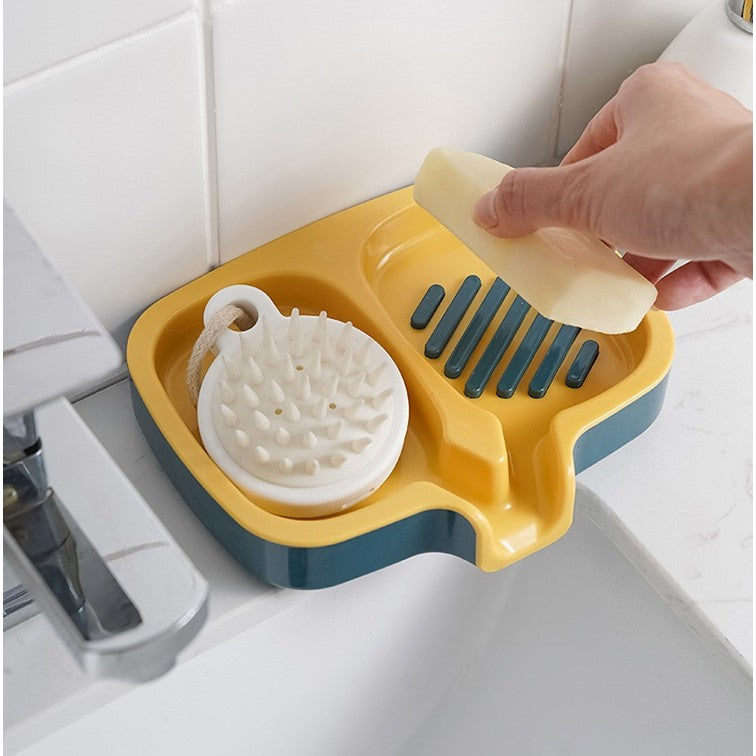 Savonieră Dublă, cu Sistem de Scurgere a Apei, din ABS, pentru 2 Săpunuri, Design Ventilat pentru Uscare Rapidă, 14.5 x 18 x 3 cm, Albastru/Galben