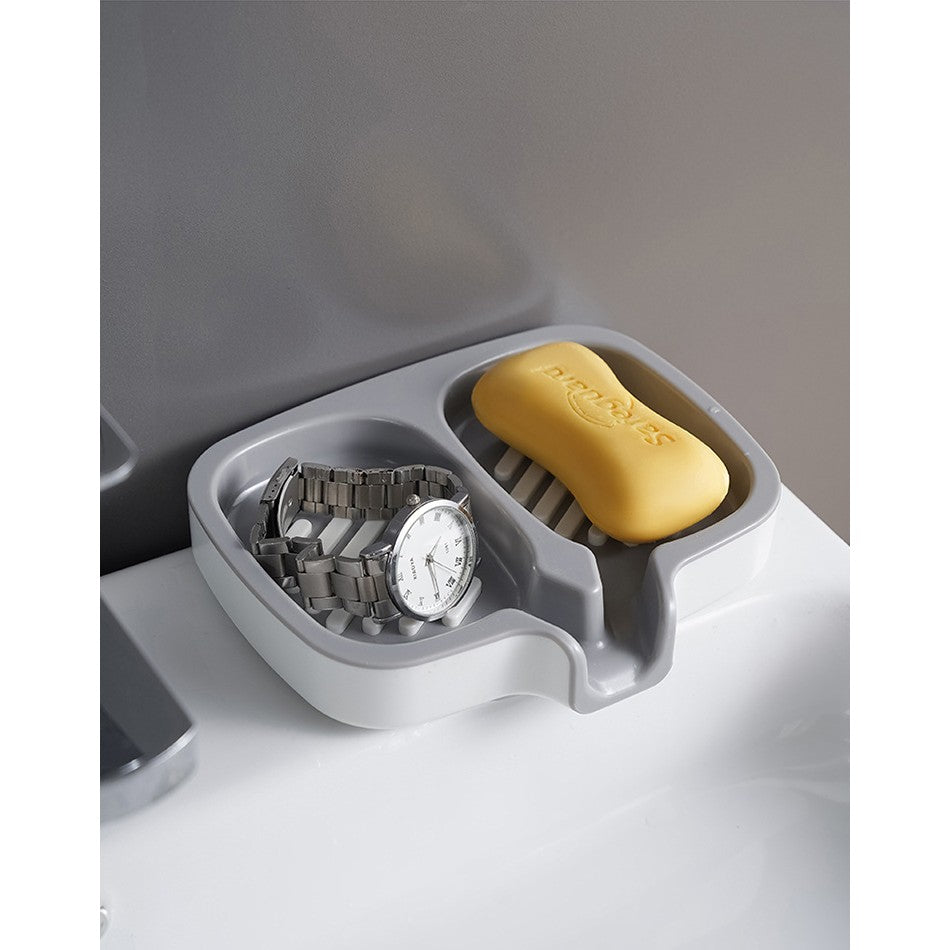 Savonieră Dublă, cu Sistem de Scurgere a Apei, din ABS, pentru 2 Săpunuri, Design Ventilat pentru Uscare Rapidă, 14.5 x 18 x 3 cm, Gri/Alb