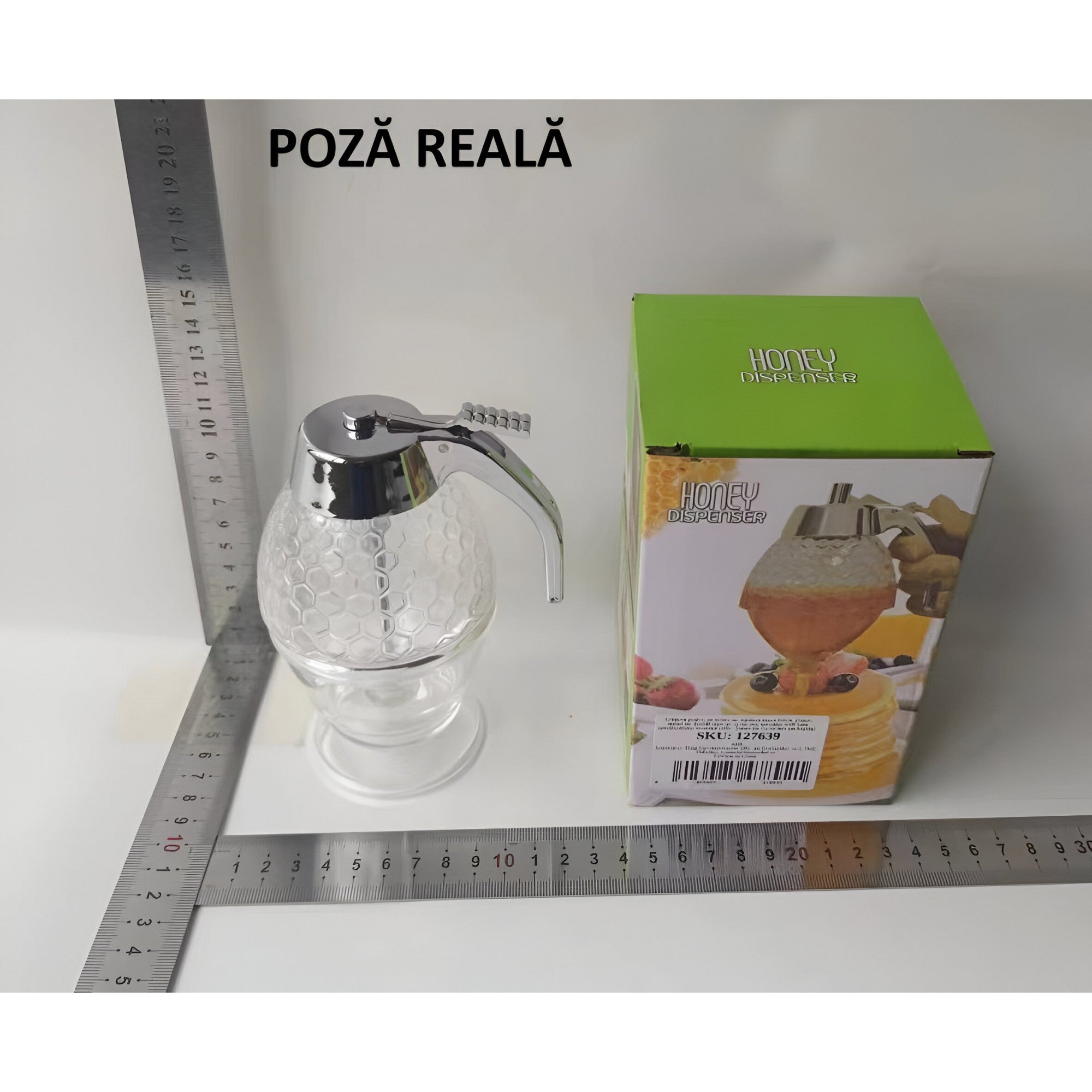 Dozator de Miere, Dispenser fara Picurare, Borcan Tip Fagure, fara Scurgeri, pentru Zahar si Sirop, 15x8 cm, Transparent