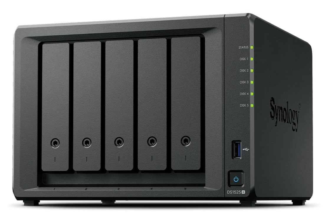 Synology DiskStation DS1525+, 5-Bay, AMD Ryzen V1500B 2.2GHz, 8GB DDR4 ECC, max 32GB, SATA & M.2 NVMe, 2x2.5GbE, USB 3.2, PCIe, max 108TB, RAID, Hot Swap, Negru "DS1525+"