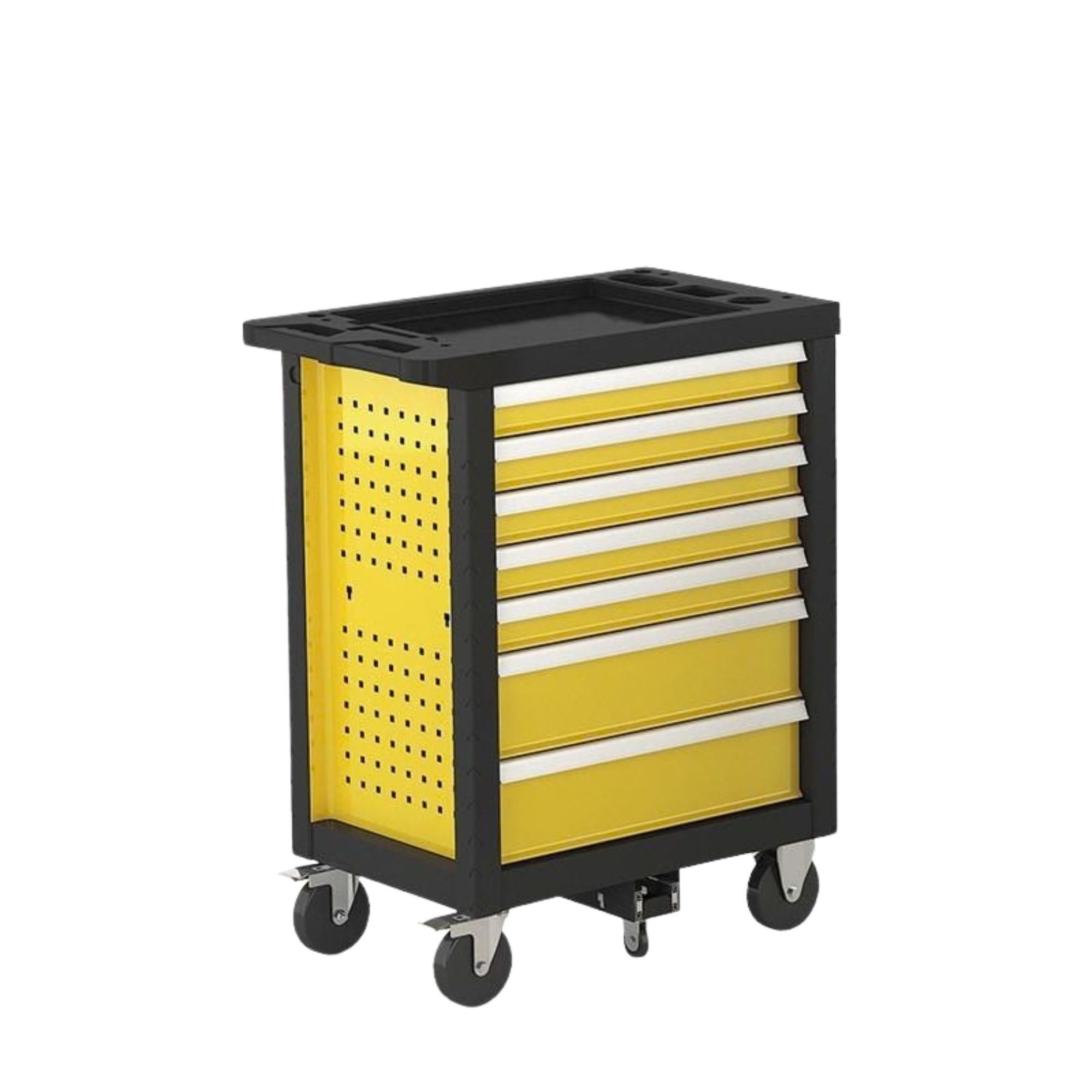 Dulap Mobil Pentru Scule, Flippy, Carucior Atelier Profesional, 7 Sertare, Panou Perforat Lateral, Blat Superior Tip Tava, Pe Roti cu Frana, Galben/Negru