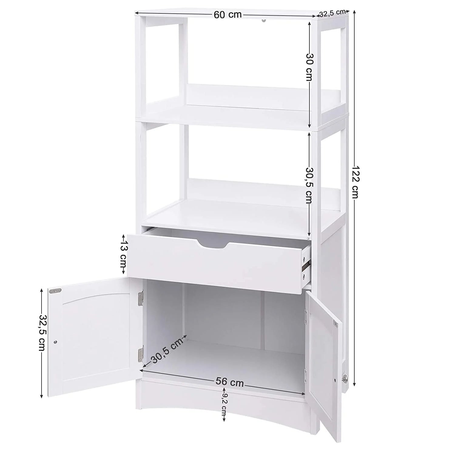 VASAGLE Dulap de depozitare pentru baie cu sertar, 2 usi, 2 rafturi, 60x32x122cm, alb