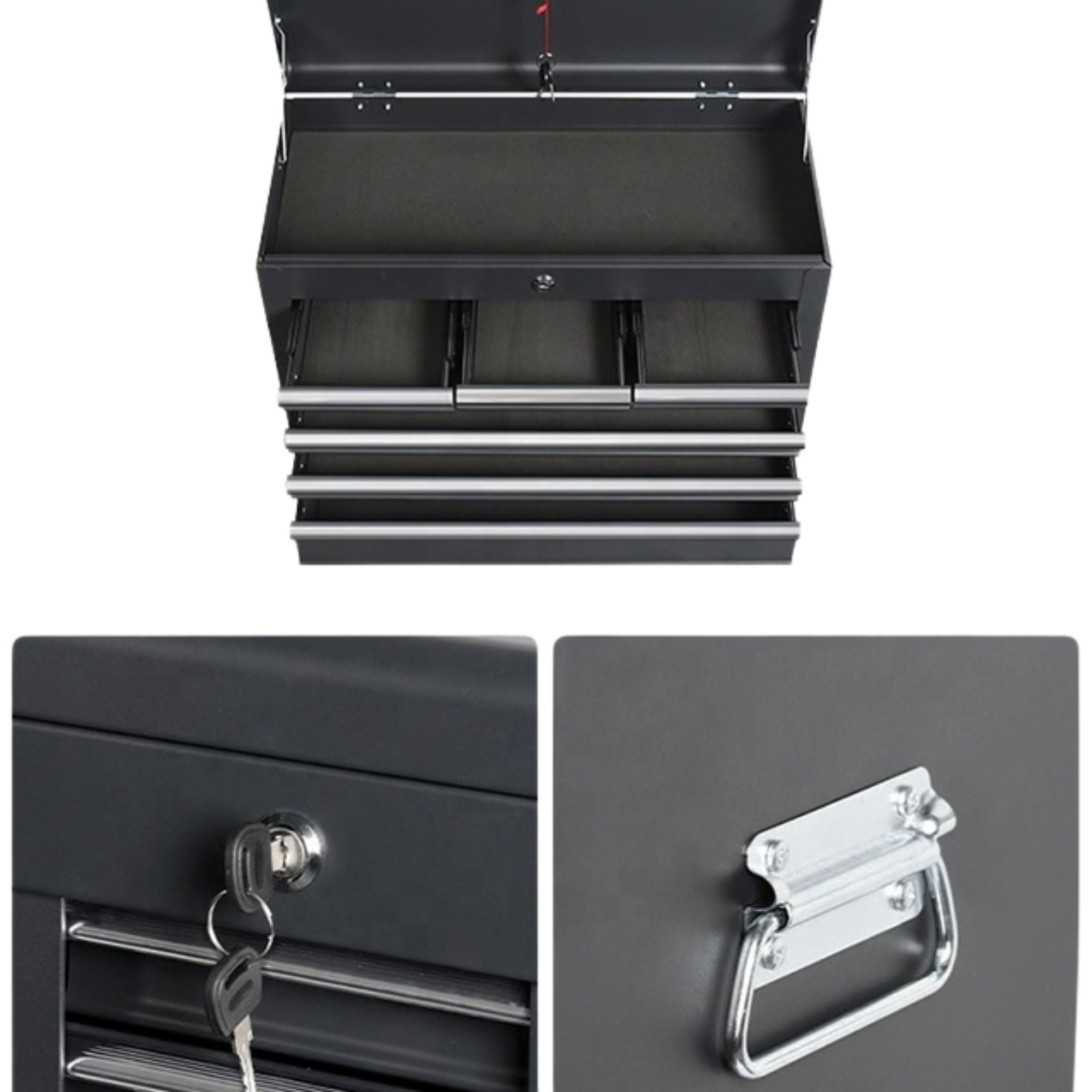 Dulap pentru scule 2 in 1, Carucior Atelier pe Roti, 8 Sertare, Cutie Detasabila, cu Incuietoare, 61.8 x 33 x 107 cm, Negru