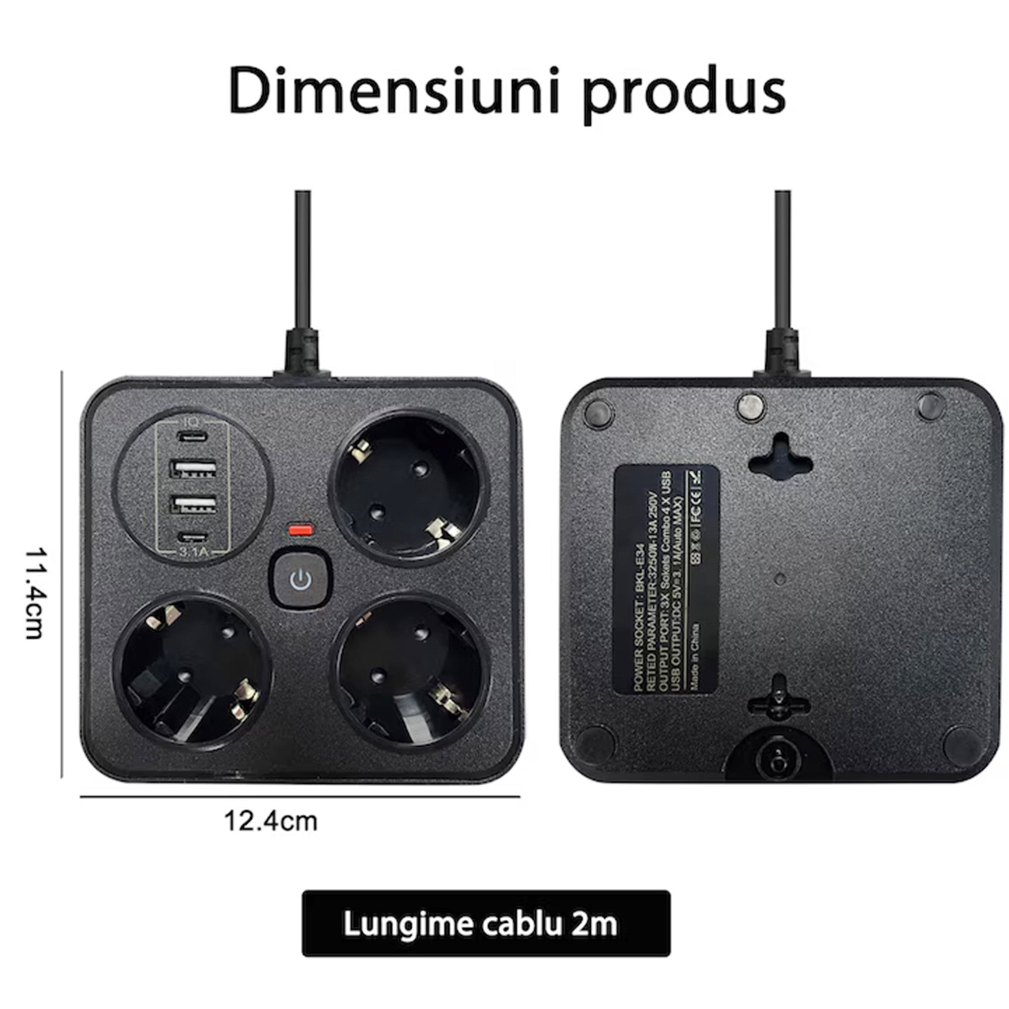 Prelungitor Multifunctional pentru Birou, 3 Prize, 2 USB-A, 2 TYPE-C, Suport pentru Telefon, 3250W, Lungime Cablu 2 m, 11.4 x 12.4 cm, Negru