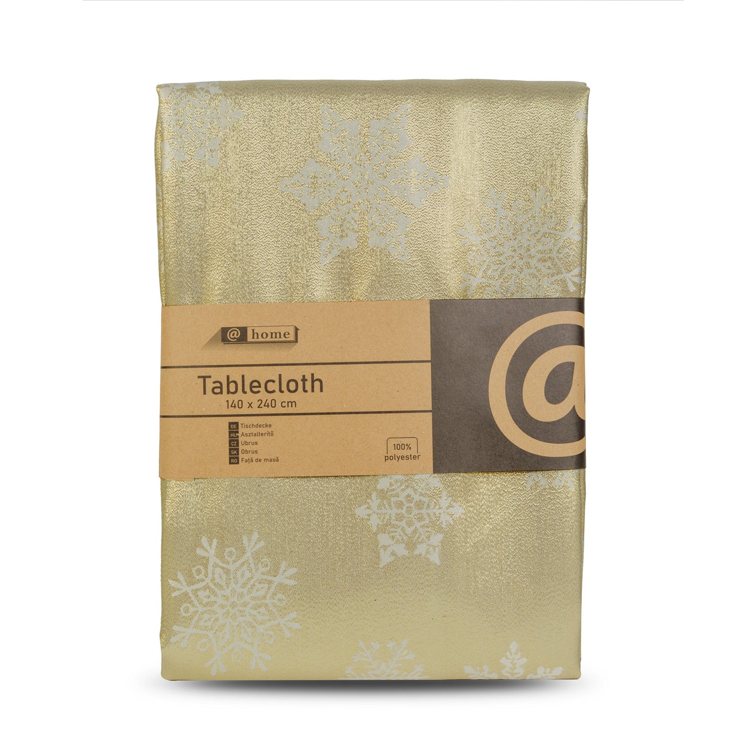 Față de masă decorativă – 140 x 240 cm – 100% poliester – model fulg de nea, culoare aurie