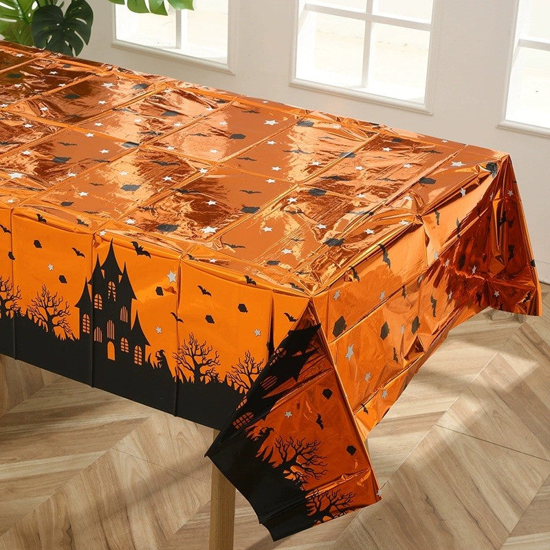 Fata de Masa, din Folie, Imprimeu Halloween - Casa Bantuita, 137 x 274 cm, Portocaliu