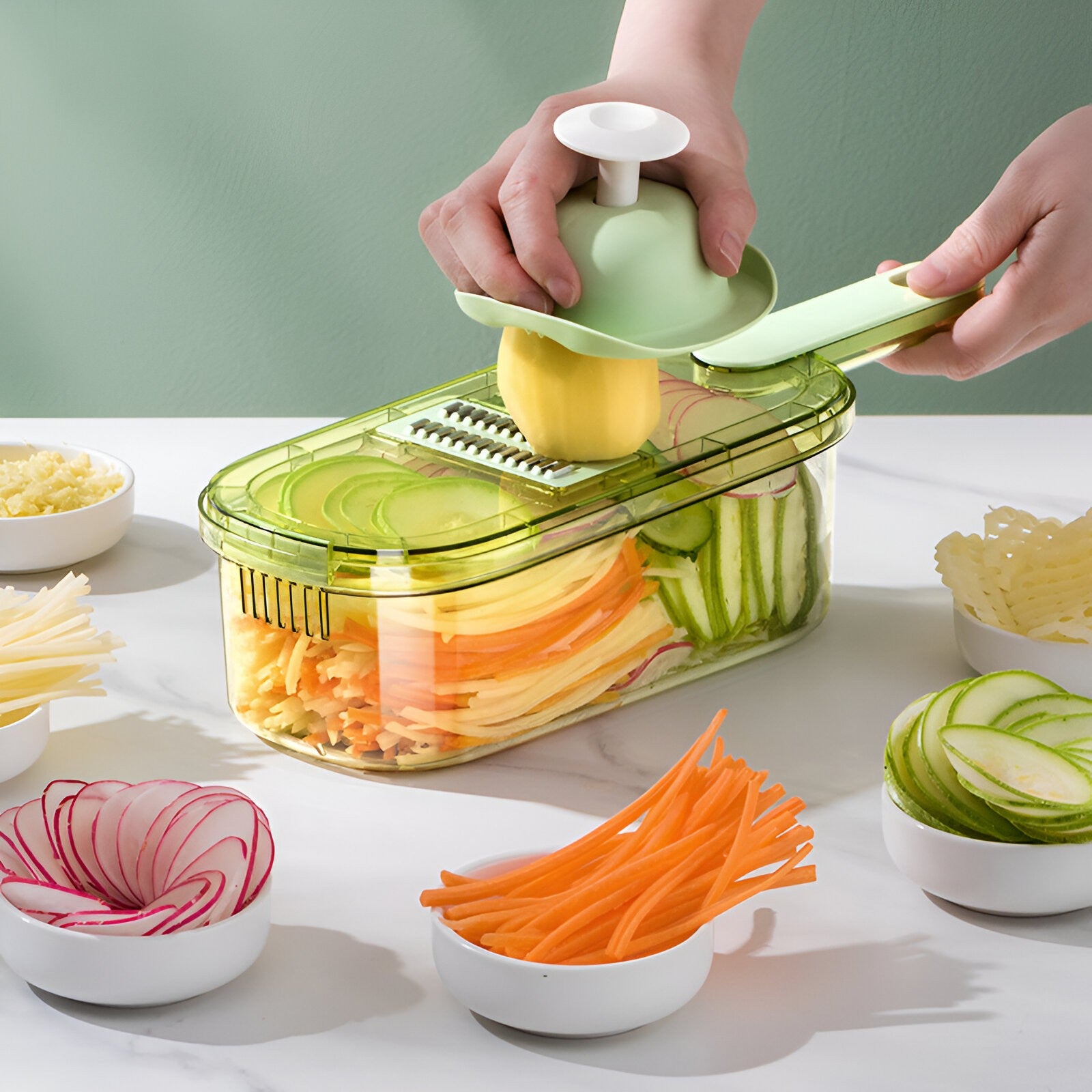 Feliator Multifunctional, 3 in 1, pentru Fructe si Legume, 6 Piese, Maner, Lame de Inox, Recipient Stocare, Protectie Mana, ABS, 35x12x9.4 cm, Verde