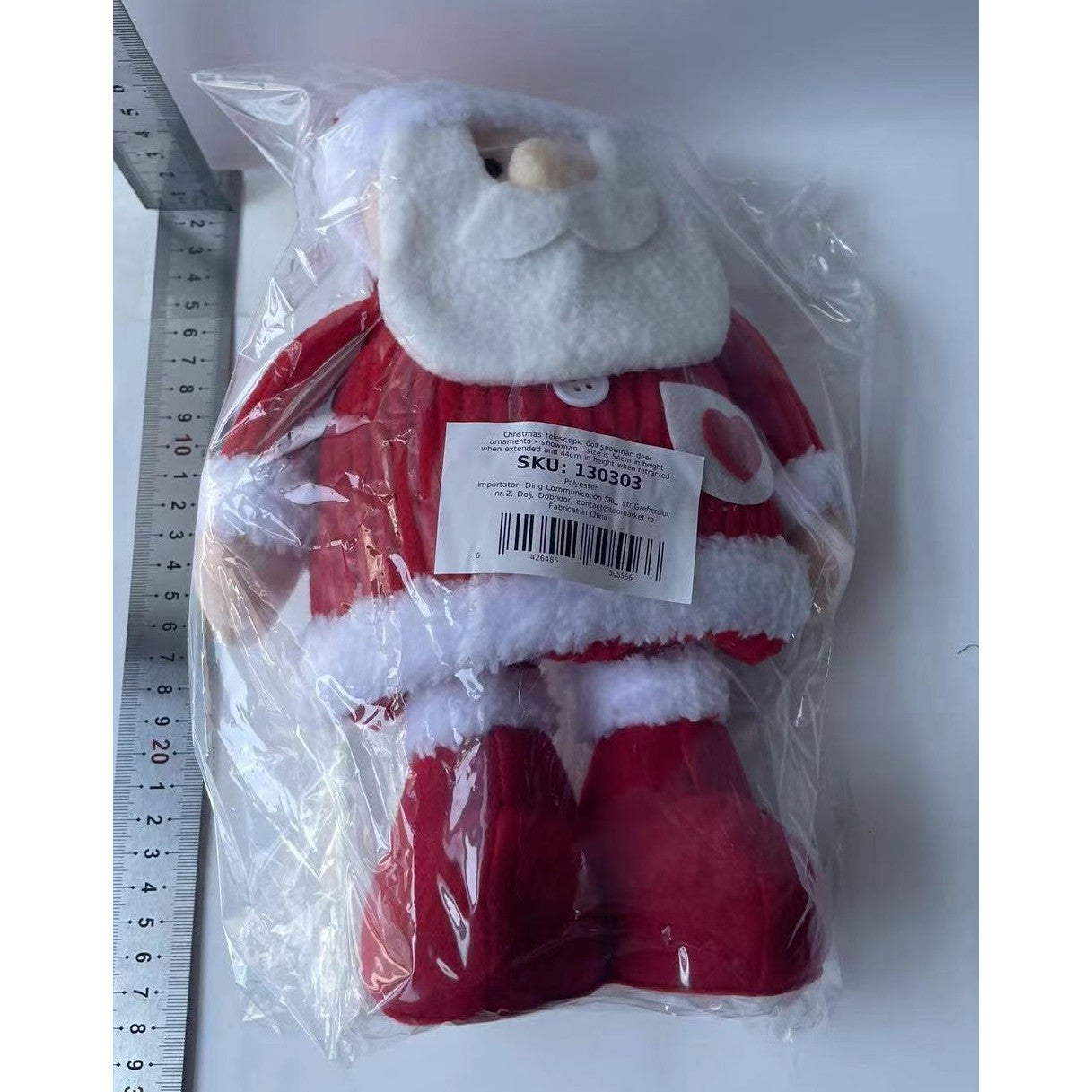 Figurina Decorativa, Pentru Craciun, Mos Craciun, Picioare Telescopice, Inaltime Reglabila 44-54cm, Caciula cu Inimioare, Alb/Rosu