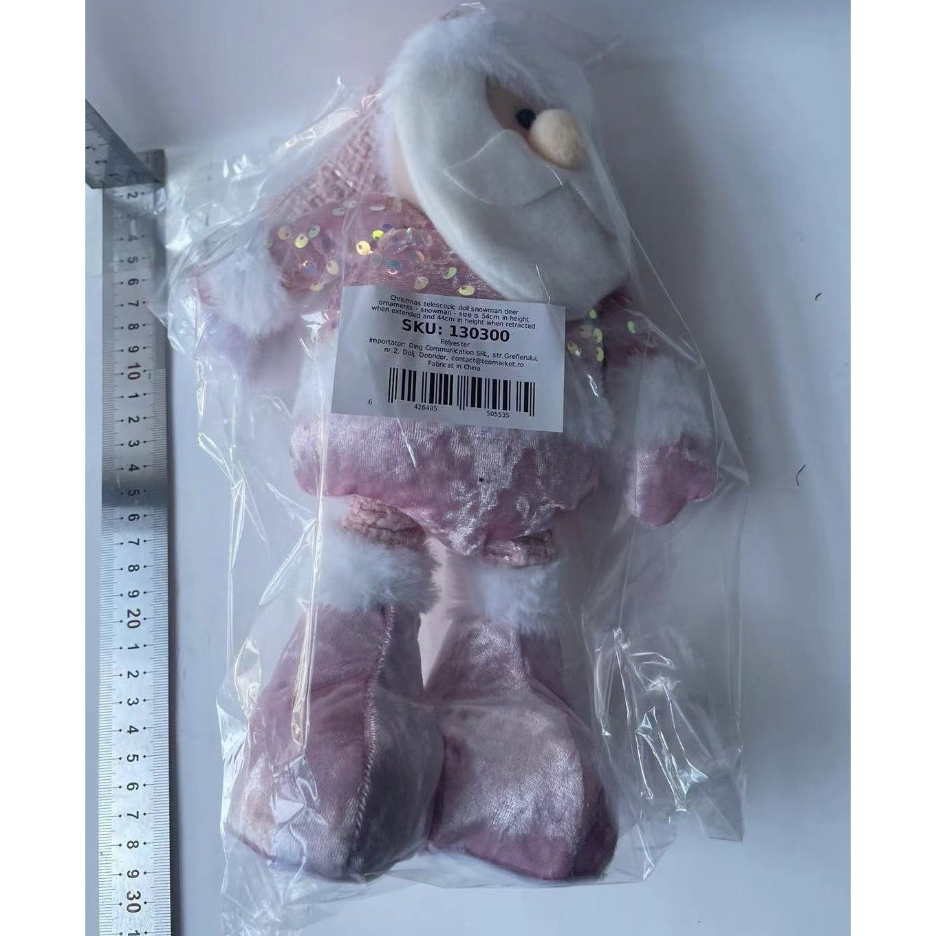Figurina Decorativa, Pentru Craciun, Mos Craciun, Picioare Telescopice, Inaltime Reglabila 44-54cm, Bluza cu Paiete, Roz