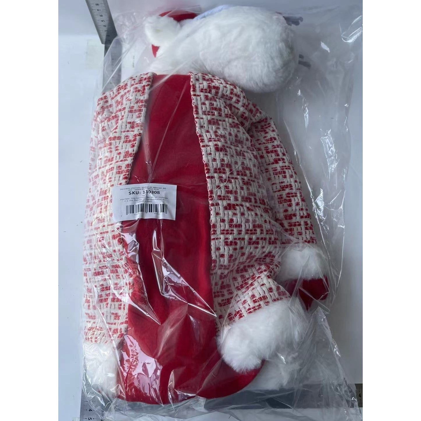 Figurina Decorativa, Pentru Craciun, Ren, Picioare Telescopice, Inaltime Reglabila 42 - 80 cm, cu Haina, Alb/Rosu