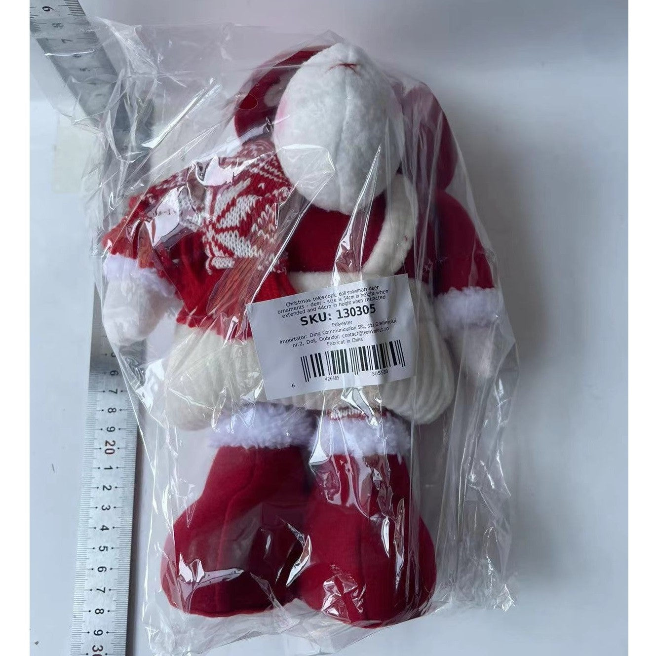 Figurina Decorativa, Pentru Craciun, Ren, Picioare Telescopice, Inaltime Reglabila 44-54cm, Caciula cu Inimioare, Alb/Rosu