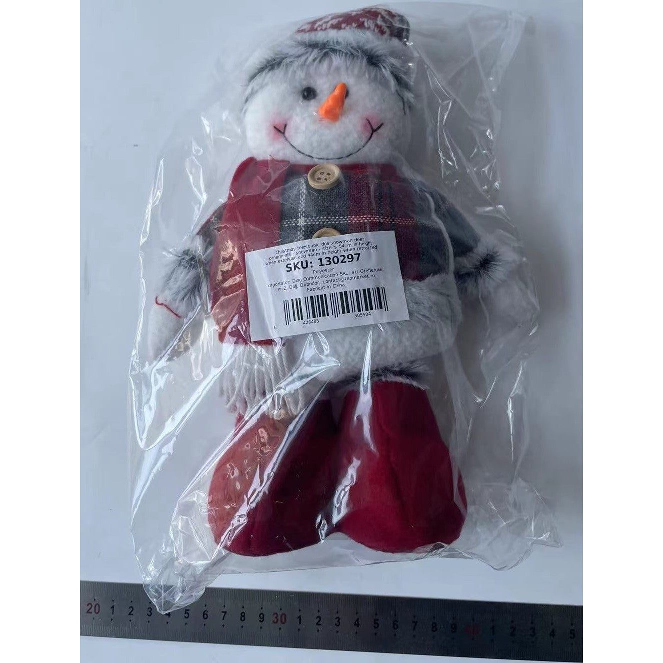 Figurina Decorativa, Pentru Craciun, Om de Zapada, Picioare Telescopice, Inaltime Reglabila 44-54cm, Caciula cu Fugi, Rosu/Gri