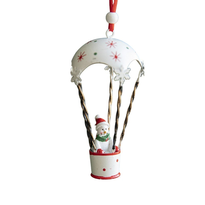 Figurina pentru Brad de Craciun, Flippy, Model Om de Zapada in Balon cu Aer Cald, Ornament pentru Brad, din Metal, 11 x 5.5 x 5.5 cm, Alb