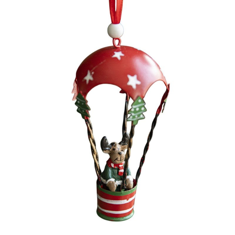 Figurina pentru Brad de Craciun, Model Ren in Balon cu Aer Cald, Ornament pentru Brad, din Metal, 11 x 5.5 x 5.5 cm, Rosu inchis