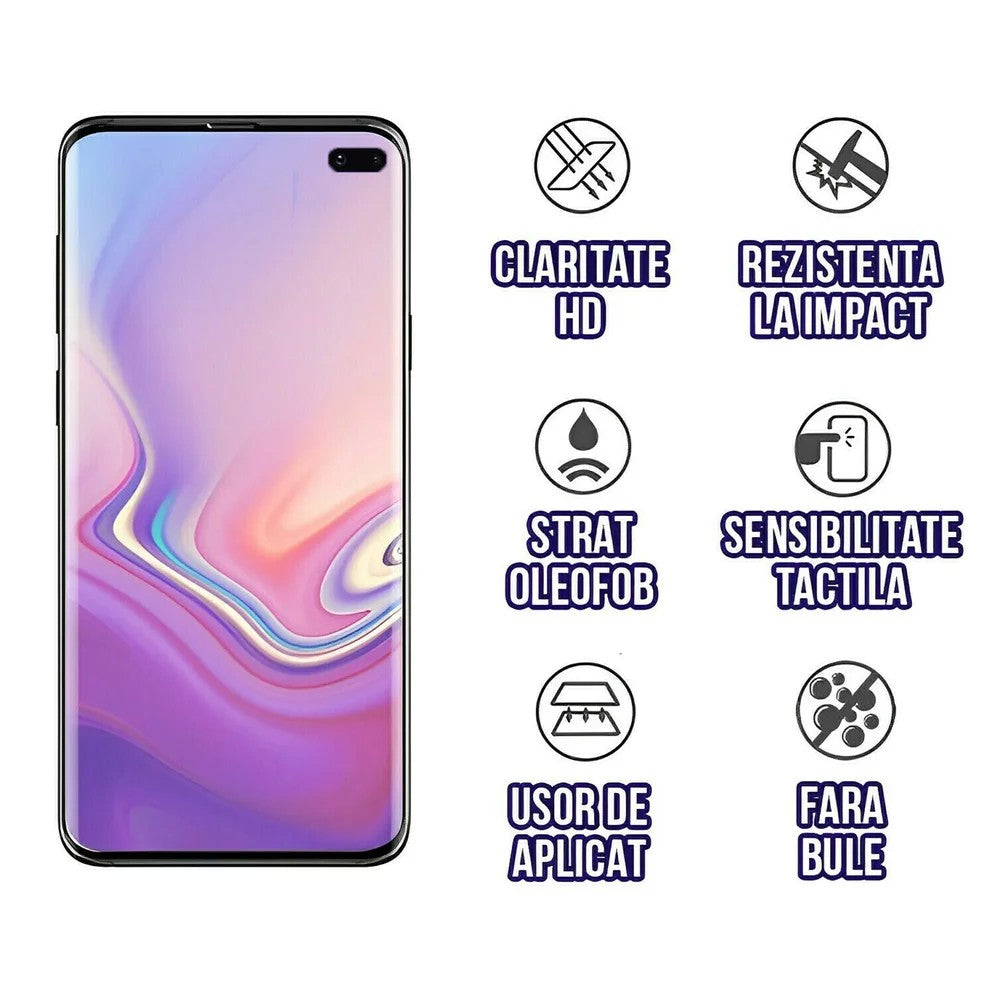 Folie Sticla Securizata Curbata pentru Samsung S10 Plus cu recunoastere a amprentelor digitale, 9H, lipici margine, contur negru
