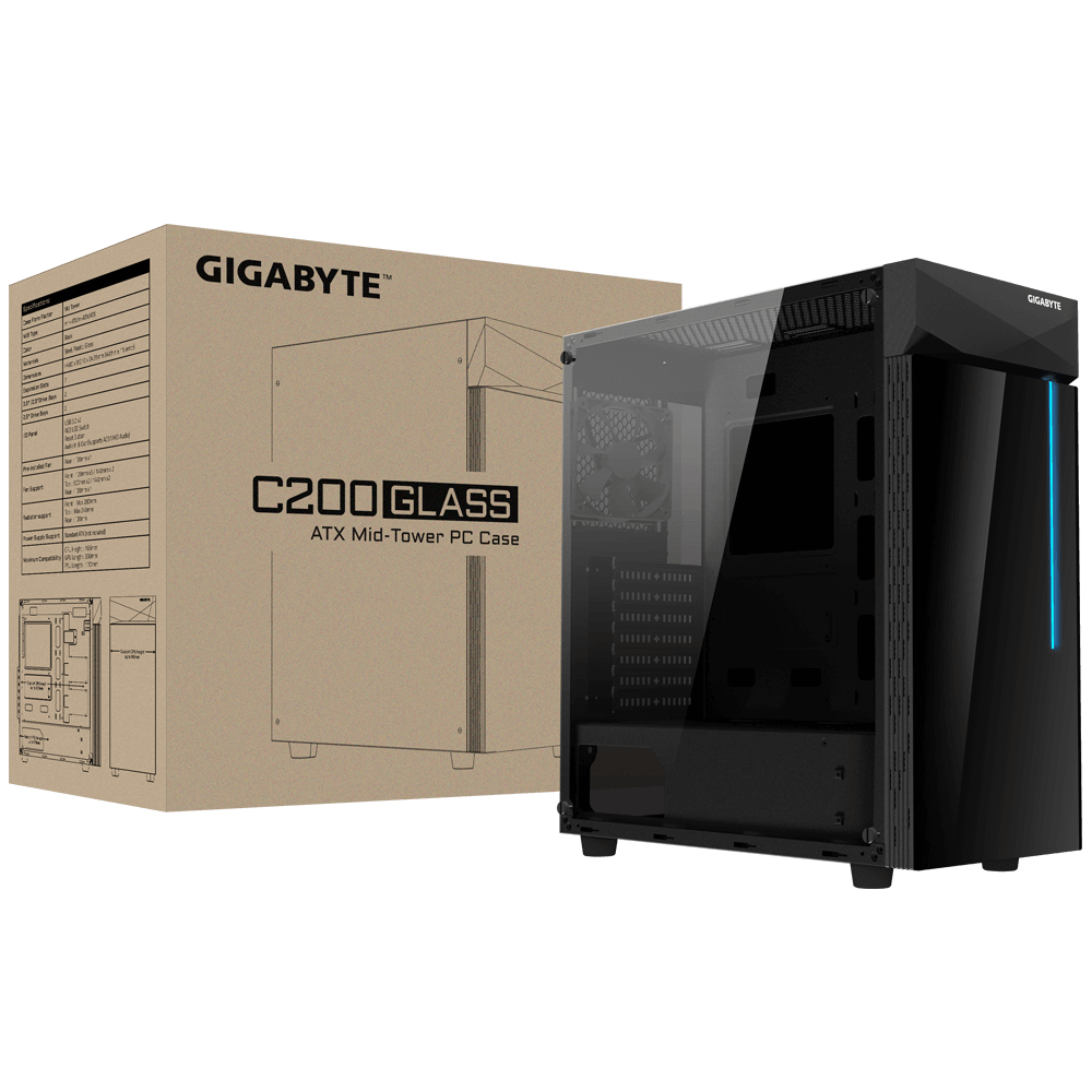 CARCASA GIGABYTE Middle Tower, ATX, "C200 GLASS", fara sursa, sticla securizata, fan x 1, USB 3.0 x 2, Jack 3.5 mm x 2, mesh pt. filtrare praf, negru, "GB-C200G"