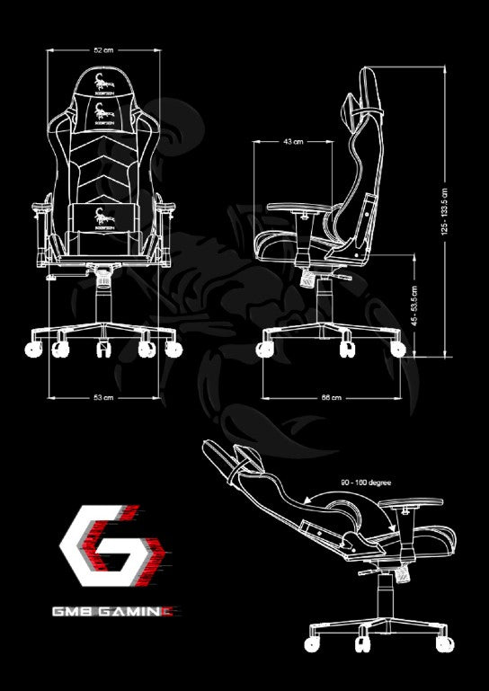 SCAUN GAMING GEMBIRD, ergonomic, reglabil inaltime, rotatie 360 gr, black & yellow, brate ajustabile, greutate max. 136kg, perna tetiera, perna lombara, dimensiuni 52*80*125~133.5cm "GC-SCORPION-05X"