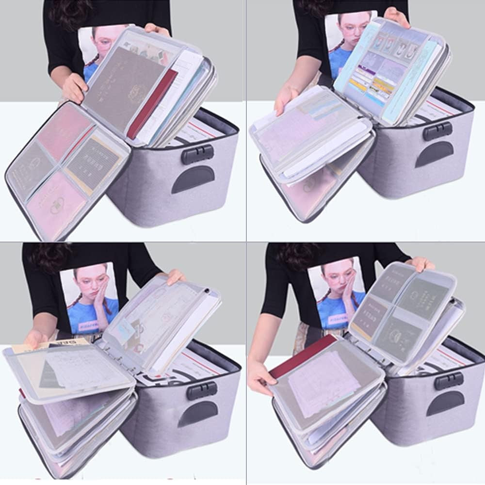 Geanta pentru Depozitare Acte si Documente, Facturi, Carduri, cu Cod de Securitate, 5 Compartimente, Impermeabila, 37 x 20 x 27 cm, Gri