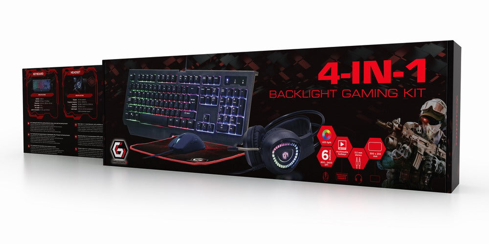 KIT 4-in-1 GEMBIRD, gaming, cu fir, tastatura 104 taste + mouse 1600dpi 6 butoane + casti cu mic 2x3.5" + pad 300x250mm, backlight, USB, black "Phantom" "GGS-UMGL4-01"